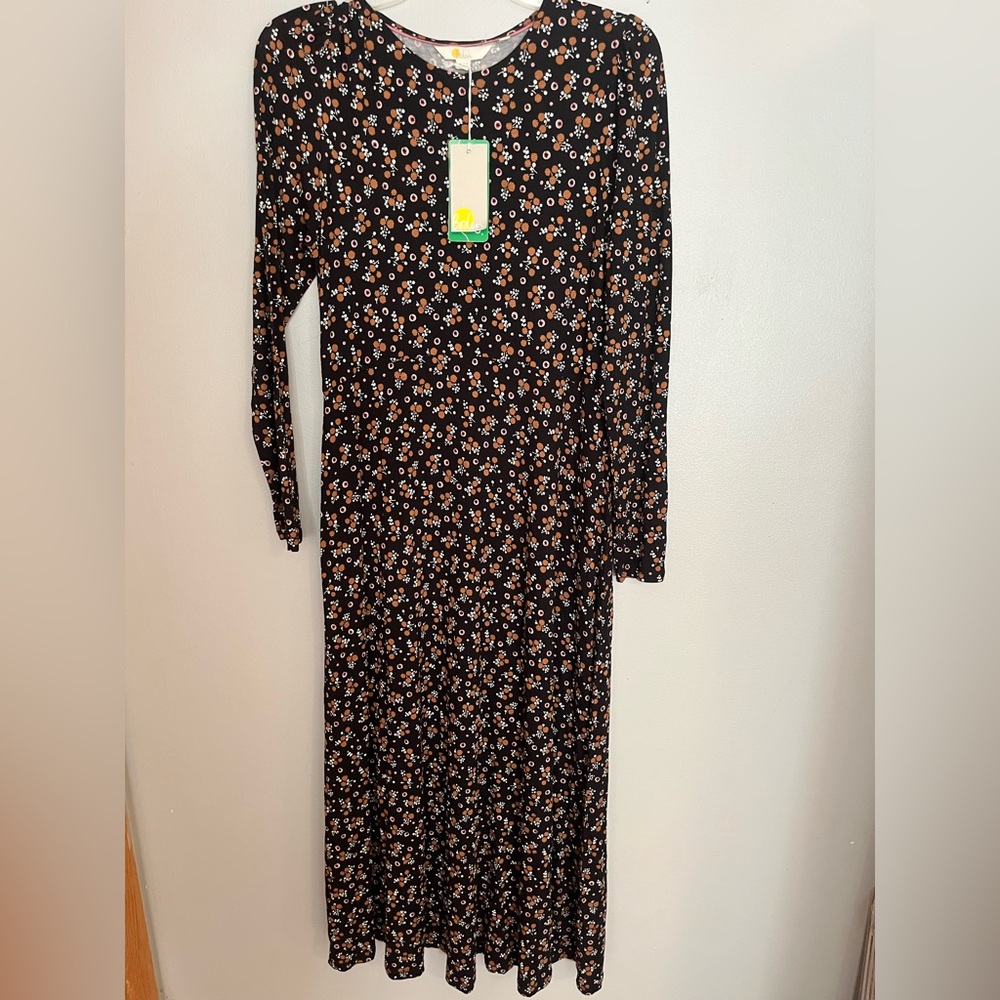 Boden Black Dress with Orange and Brown Floral Pattern